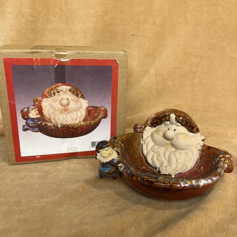 Santa‎ Claus Candy Soap Trinket Dish Stoneware Holiday Christmas Elf Decor 5.25